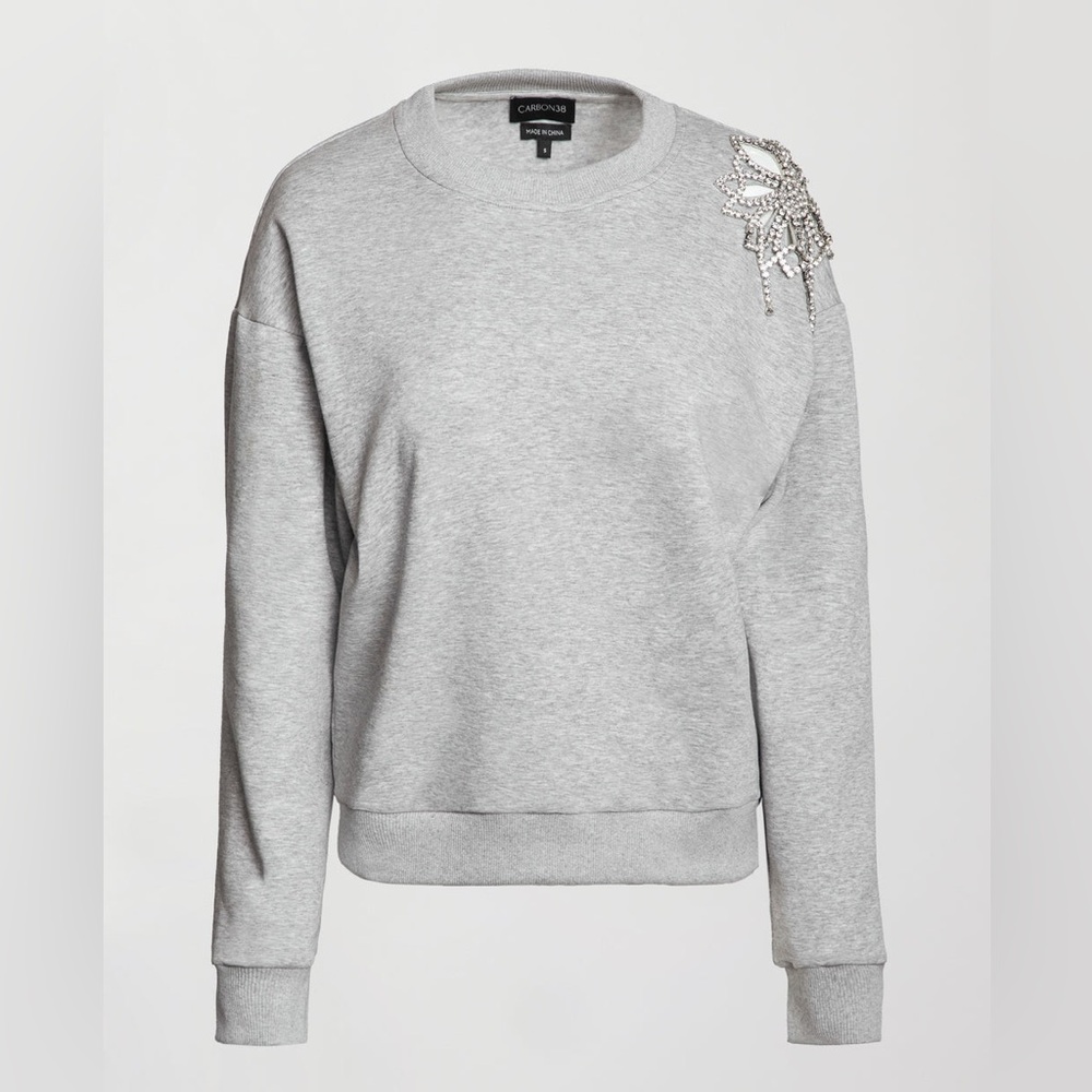 Carbon38 Rhinestone cut out Gray Sweatshirt with Embellished Shoulder - Picture 9 of 16